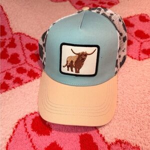 Dani Morgan’s Boutique Aqua and Beige Trucker Hat with Bull Patch
